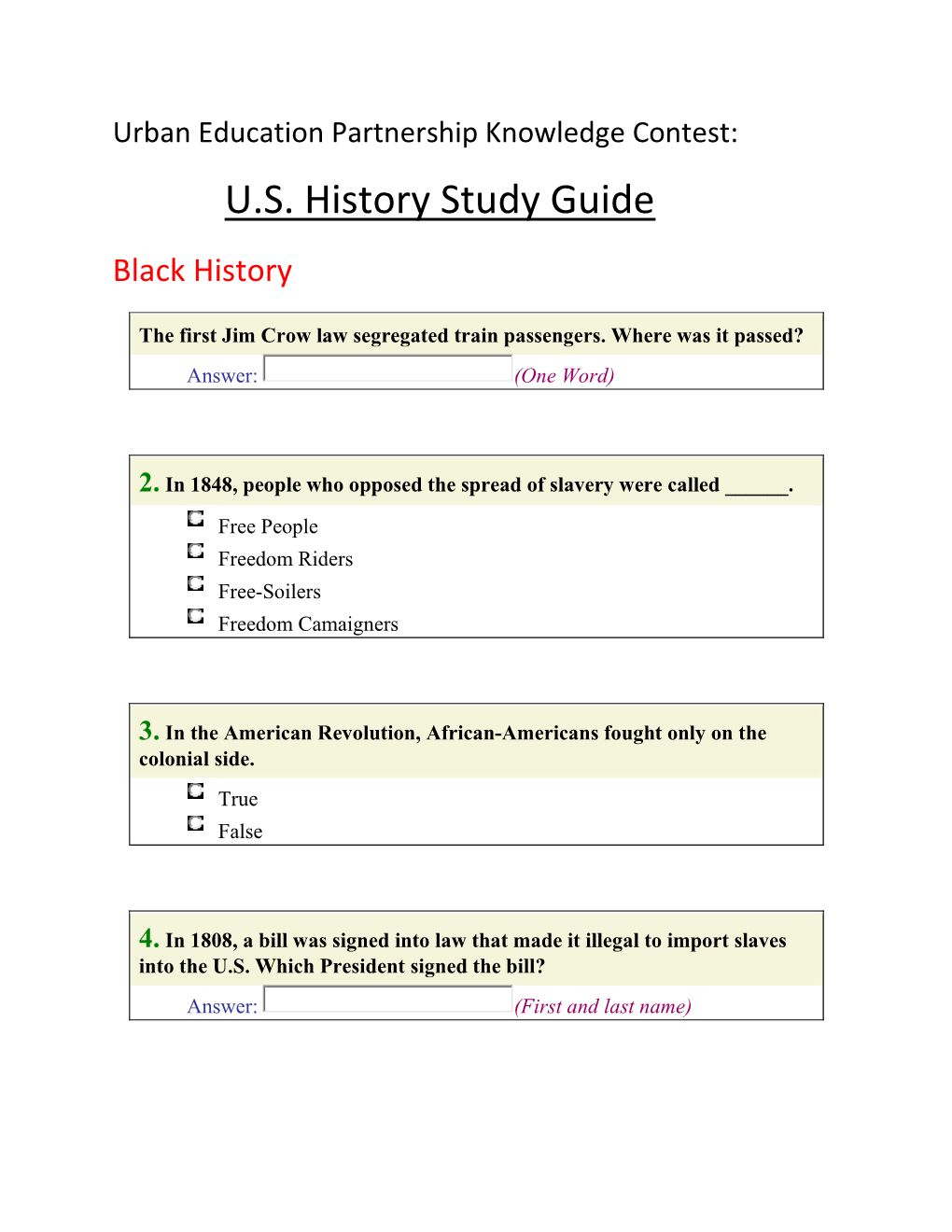 U.S. History Study Guide Black History