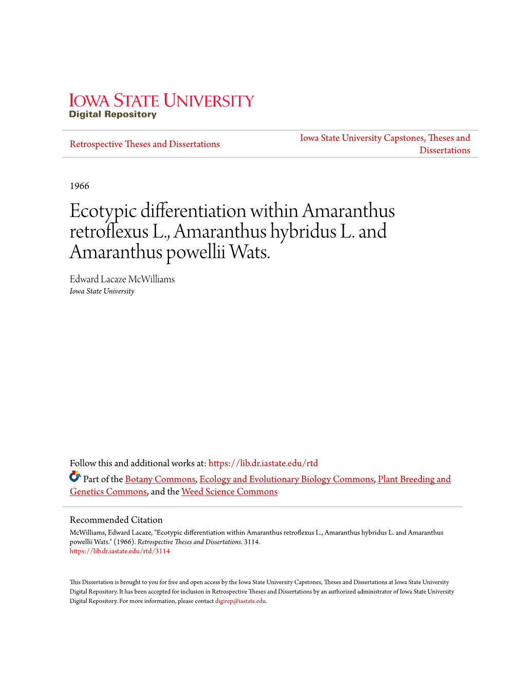 Ecotypic Differentiation Within Amaranthus Retroflexus L., Amaranthus Hybridus L