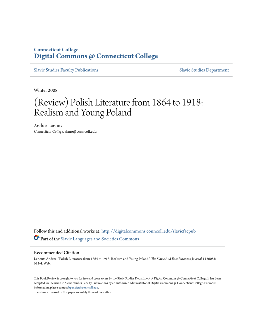 (Review) Polish Literature from 1864 to 1918: Realism and Young Poland Andrea Lanoux Connecticut College, Alano@Conncoll.Edu