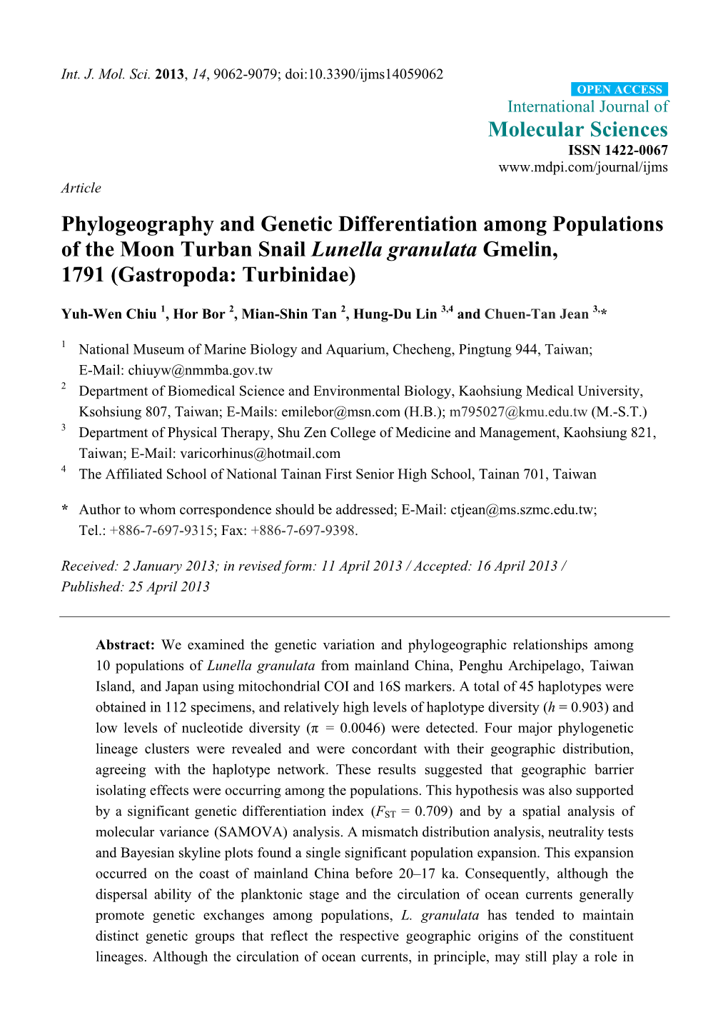 Phylogeography and Genetic Differentiation Among Populations of the Moon Turban Snail Lunella Granulata Gmelin, 1791 (Gastropoda: Turbinidae)