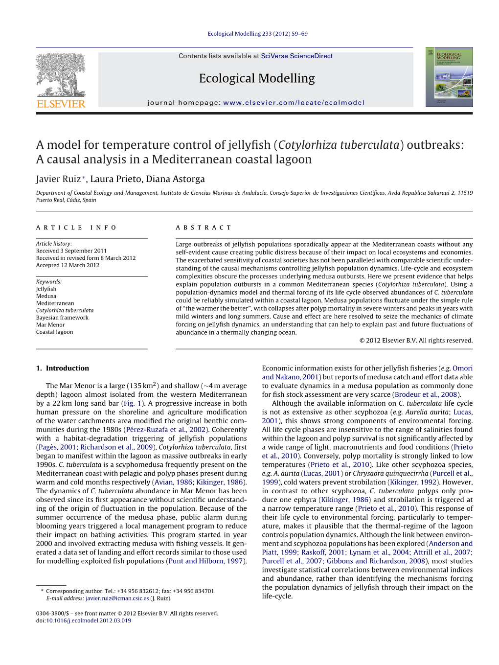 A Model for Temperature Control of Jellyfish (Cotylorhiza Tuberculata