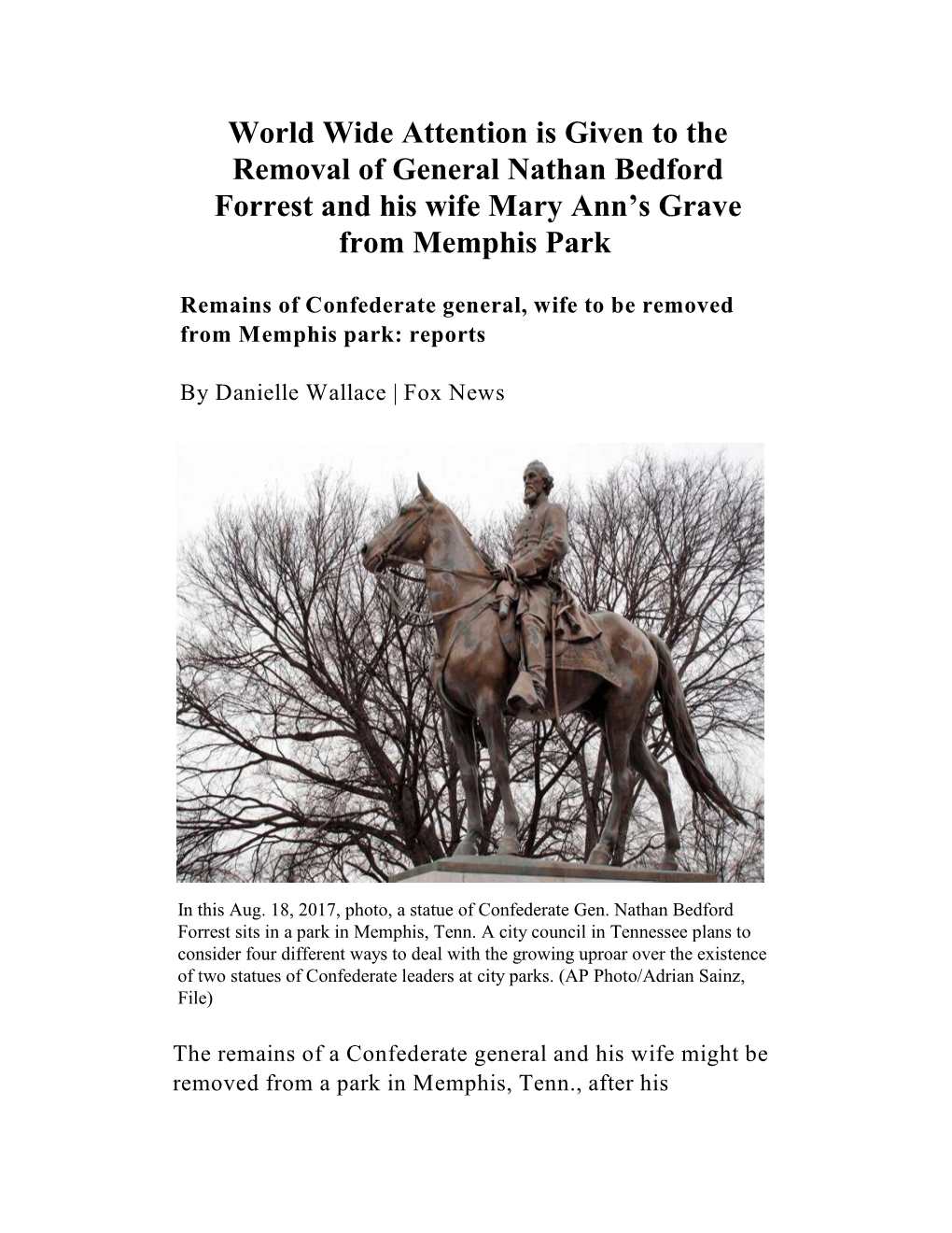 World Wide Attention Is Given to the Removal of General Nathan Bedford Forrest and His Wife Mary Ann’S Grave from Memphis Park