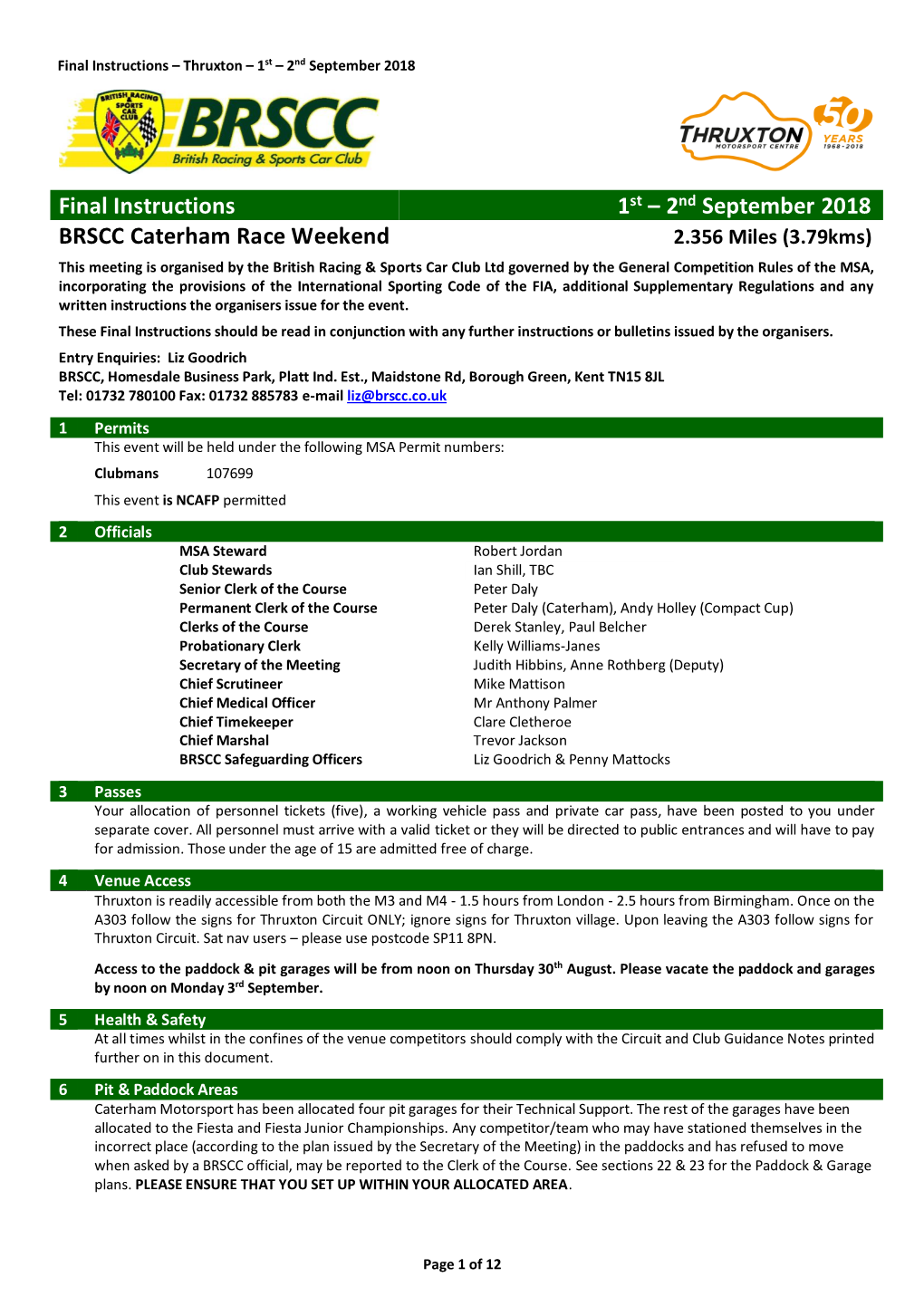 Final Instructions 1St – 2Nd September 2018 BRSCC Caterham Race Weekend 2.356 Miles (3.79Kms)