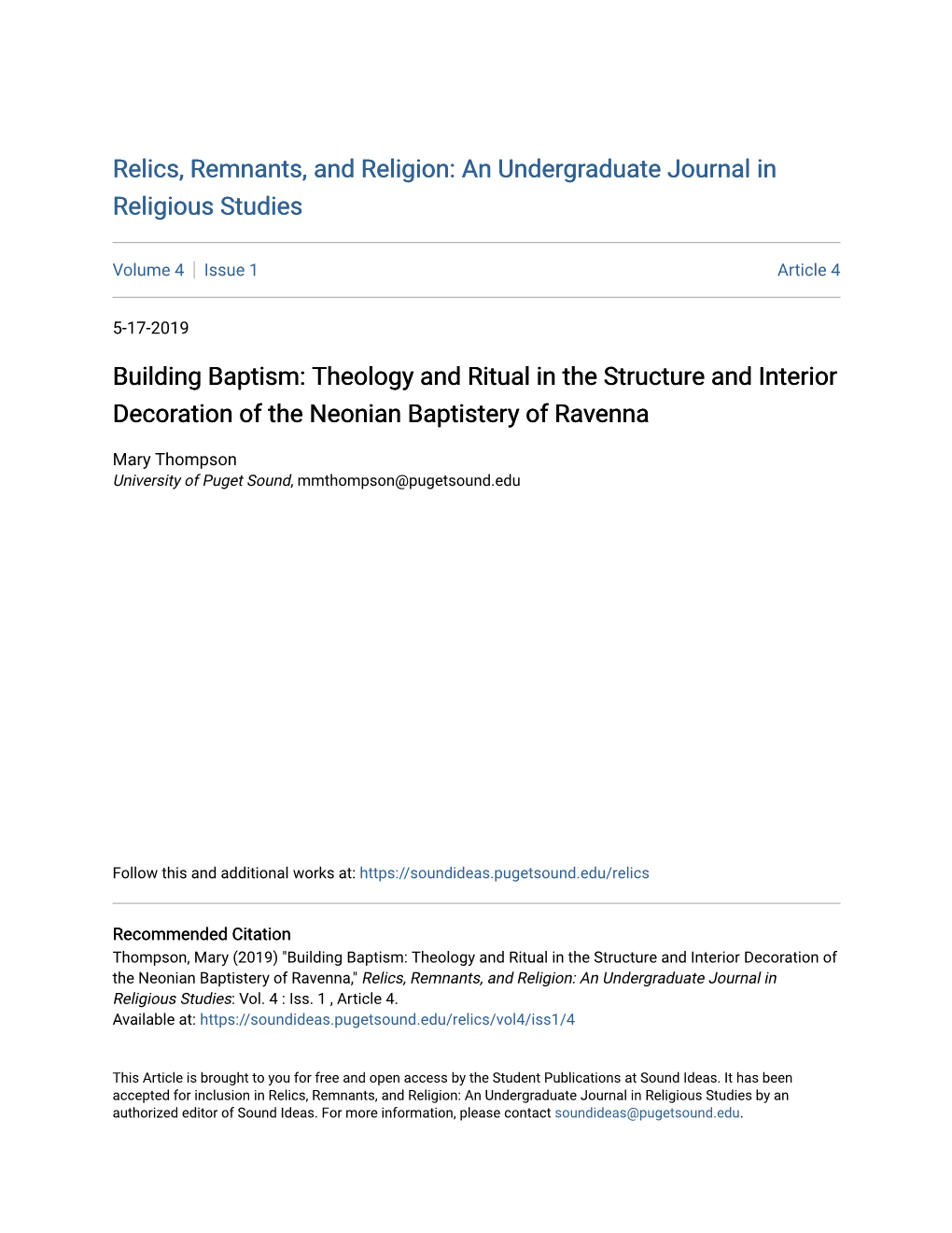 Building Baptism: Theology and Ritual in the Structure and Interior Decoration of the Neonian Baptistery of Ravenna