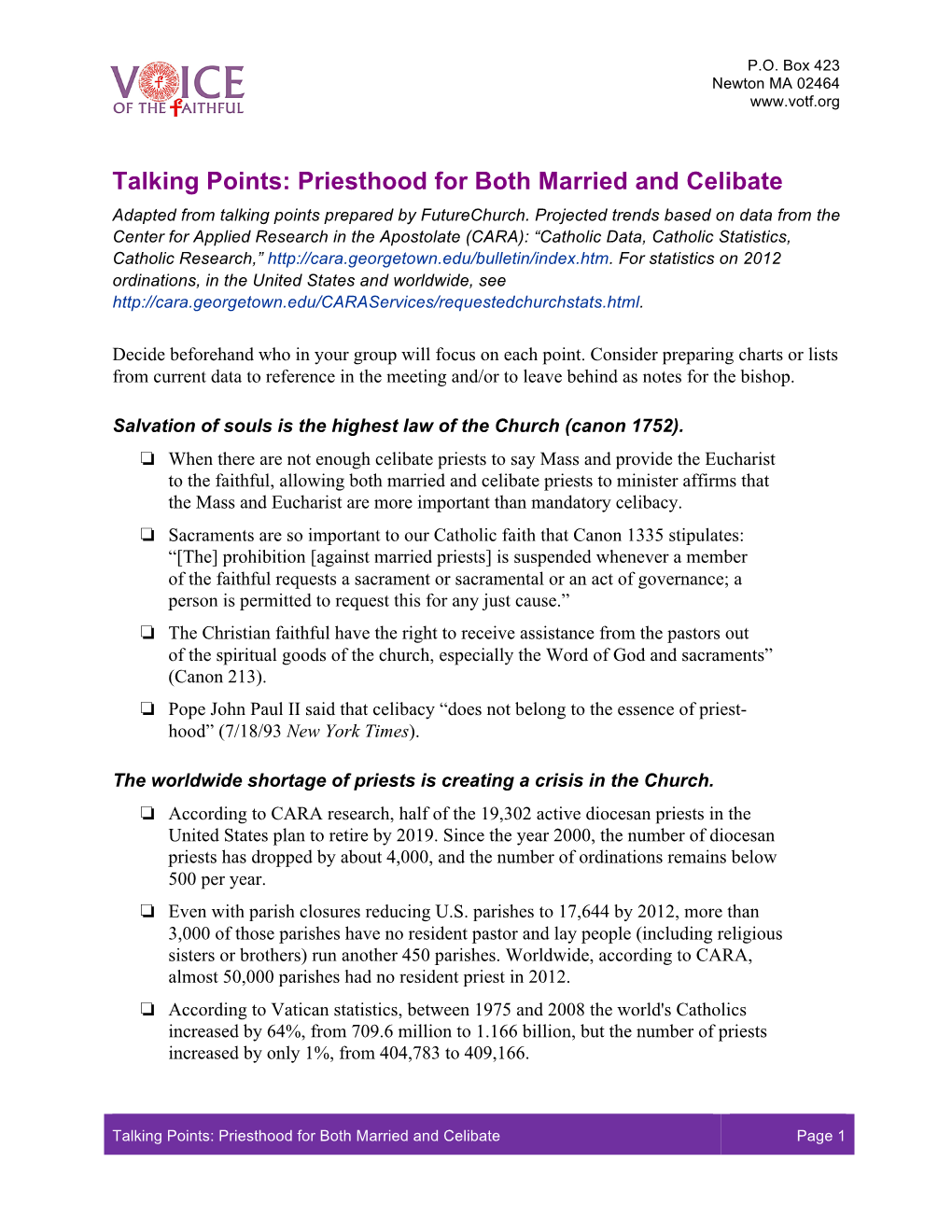 Talking Points: Priesthood for Both Married and Celibate Adapted from Talking Points Prepared by Futurechurch