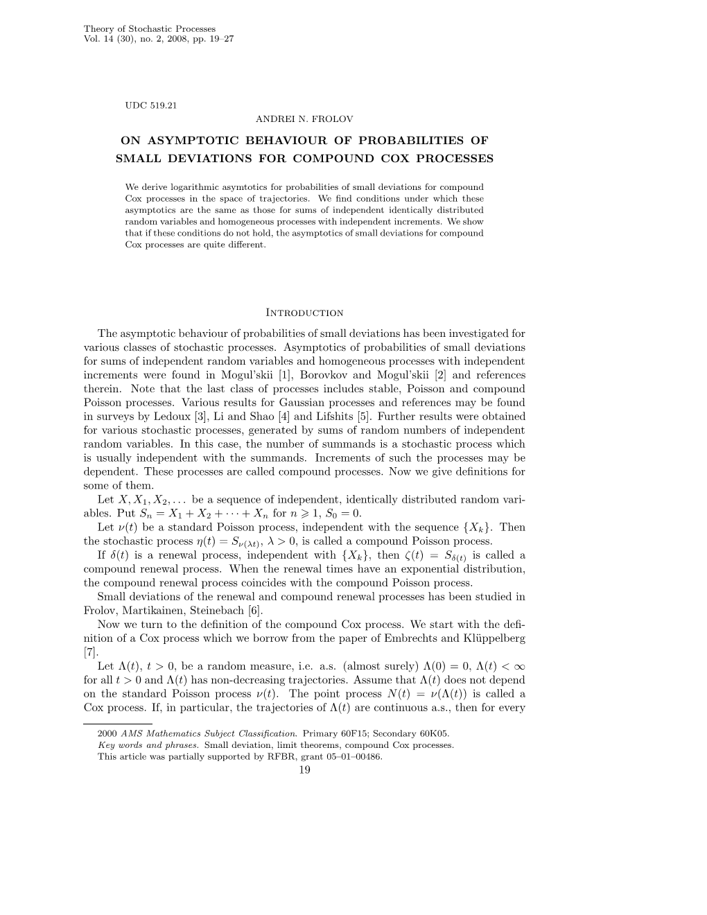 On Asymptotic Behaviour of Probabilities of Small Deviations for Compound Cox Processes