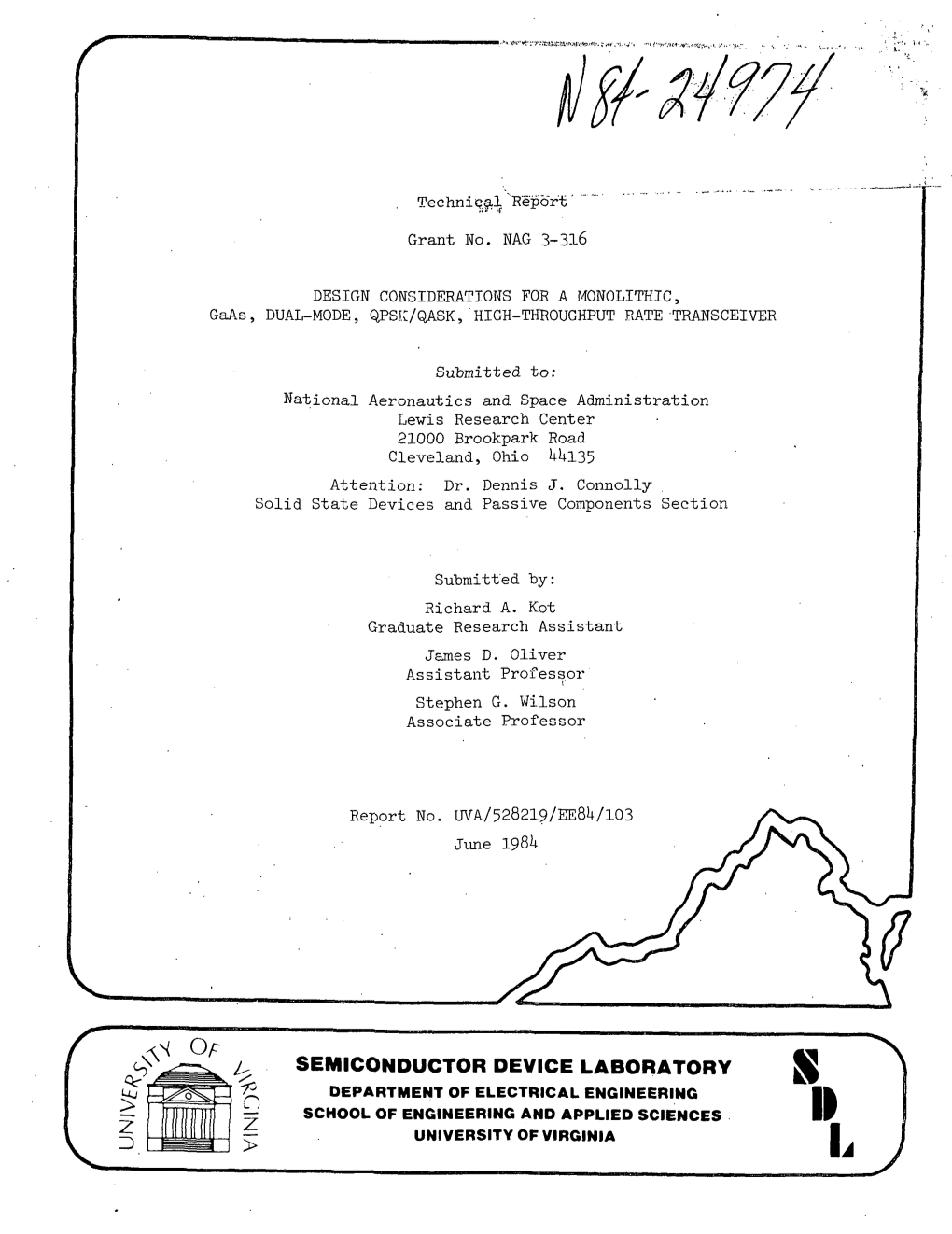 SEMICONDUCTOR DEVICE LABORATORY S DEPARTMENT of ELECTRICAL ENGINEERING SCHOOL of ENGINEERING and APPLIED SCIENCES II UNIVERSITY of VIRGINIA Technical Report