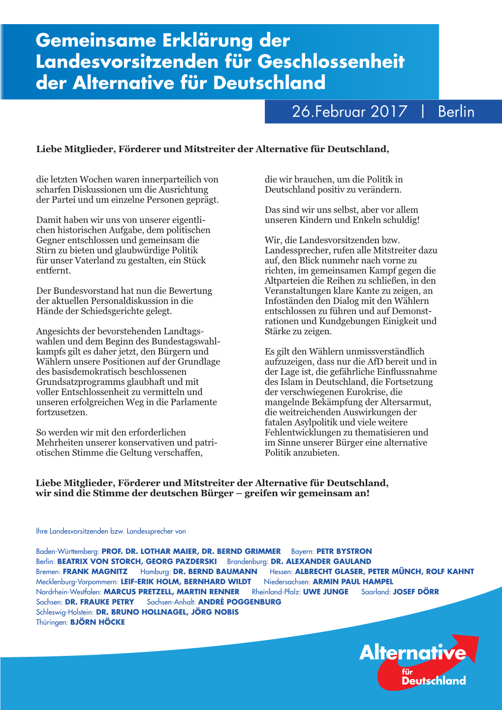 Gemeinsame Erklärung Der Landesvorsitzenden Für Geschlossenheit Der Alternative Für Deutschland