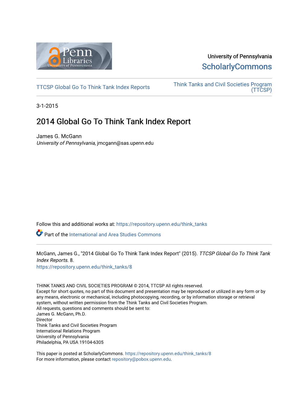 2014 Global Go to Think Tank Index Report