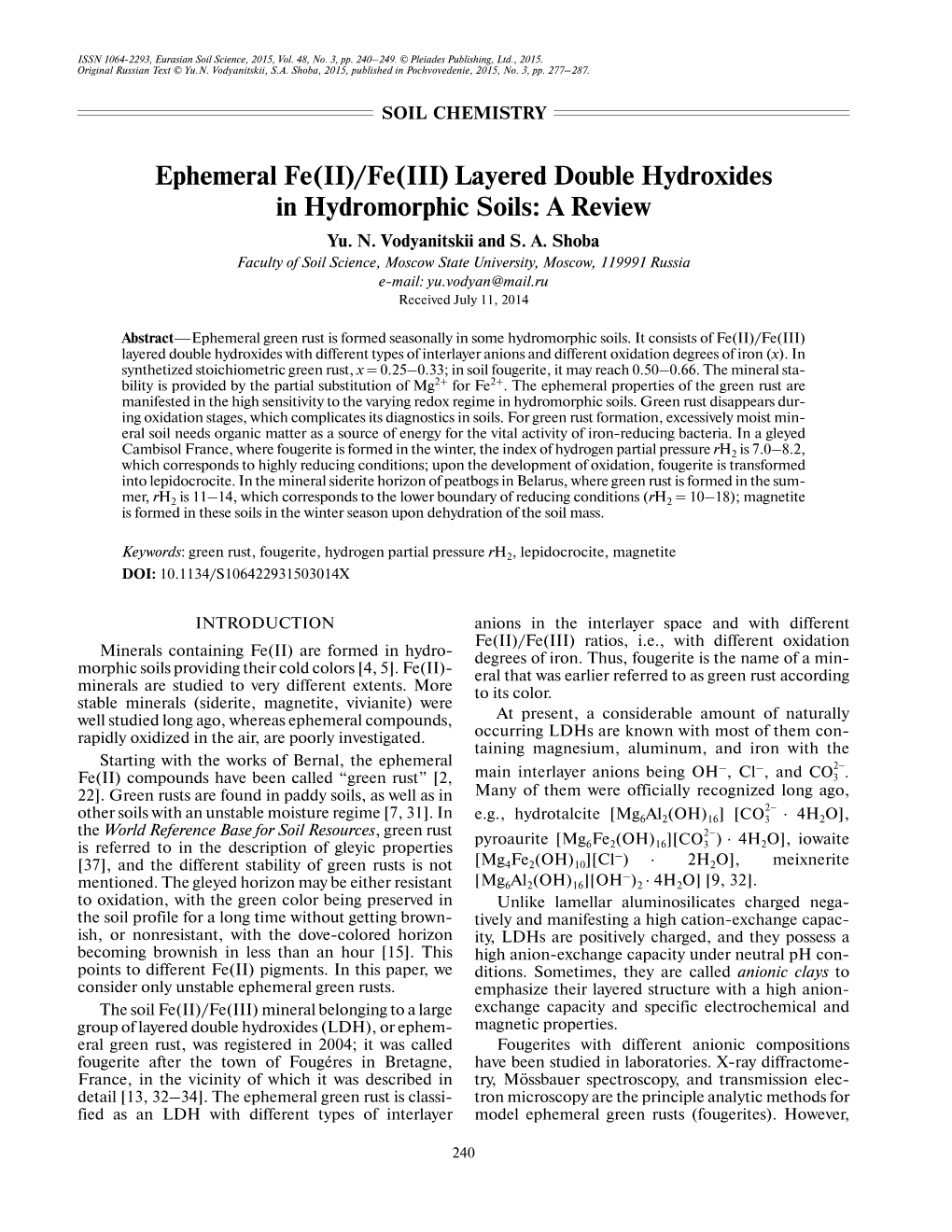 Fe(III) Layered Double Hydroxides in Hydromorphic Soils: a Review Yu