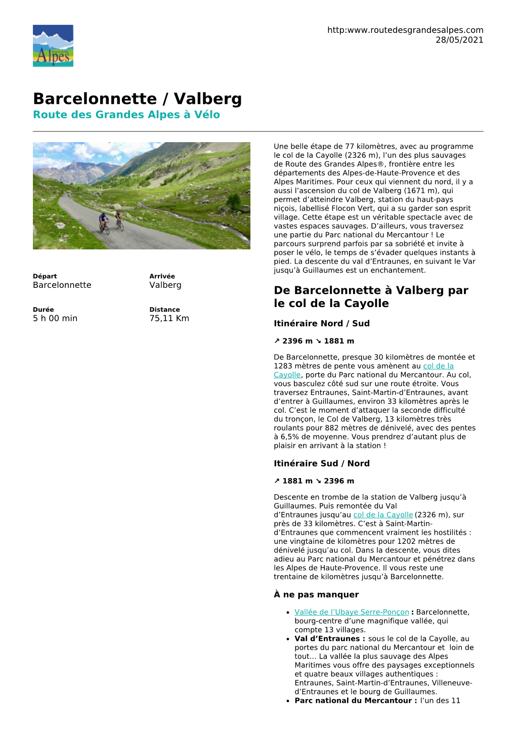 Barcelonnette / Valberg Route Des Grandes Alpes À Vélo