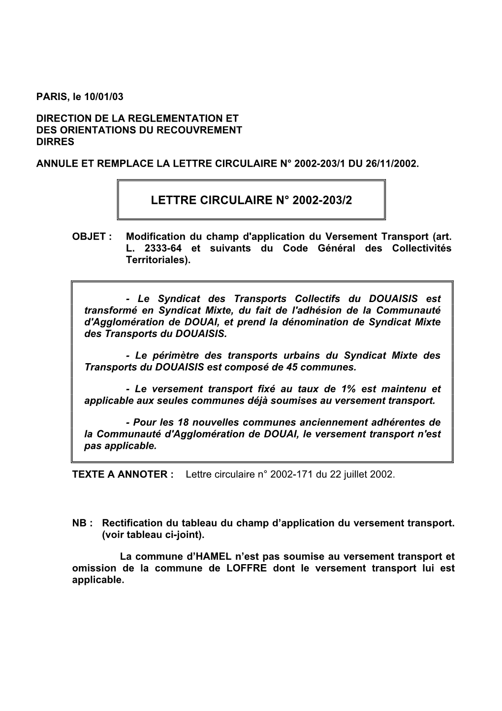 Modification Versement Transport Douaisis