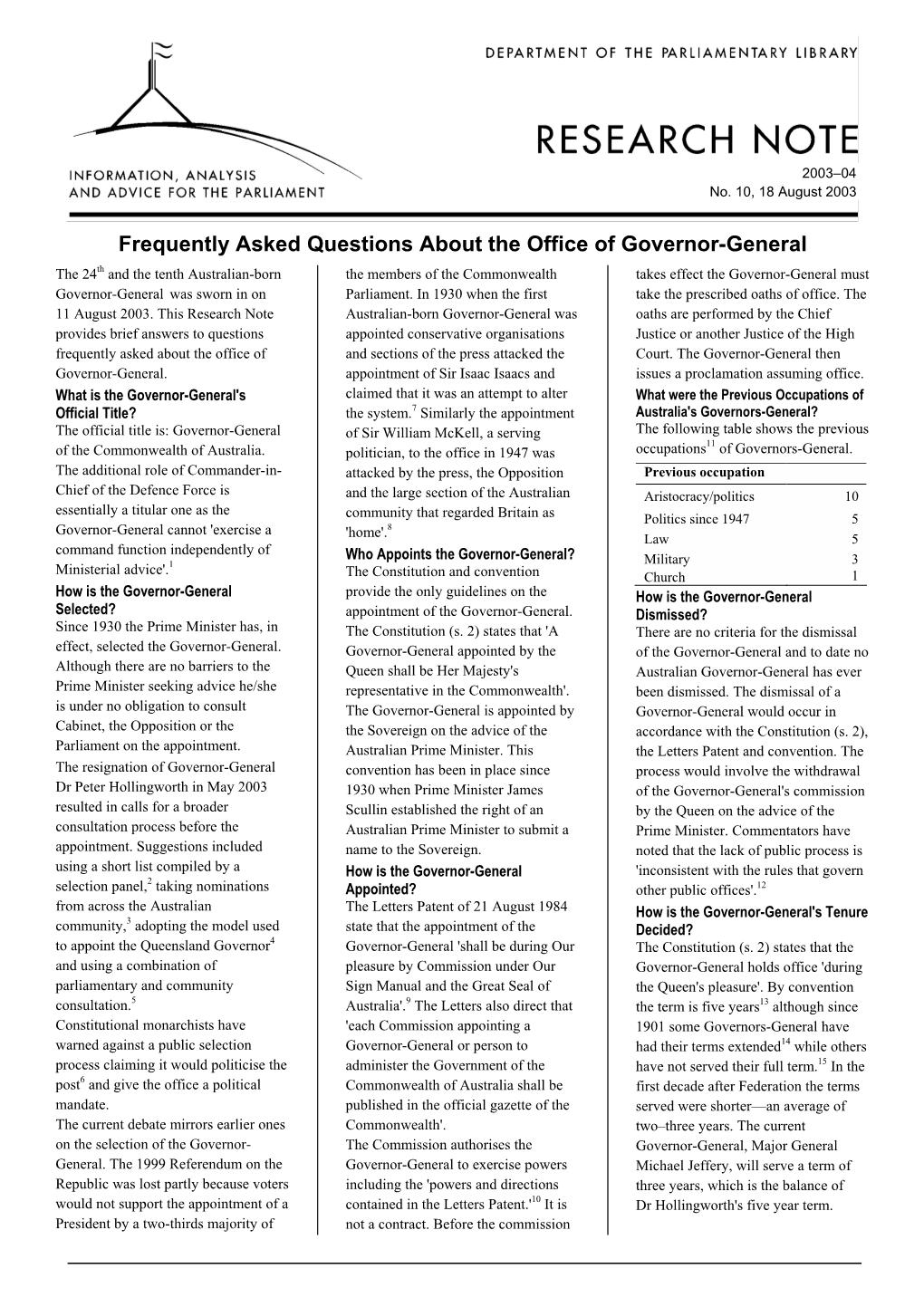 Frequently Asked Questions About the Office of Governor-General