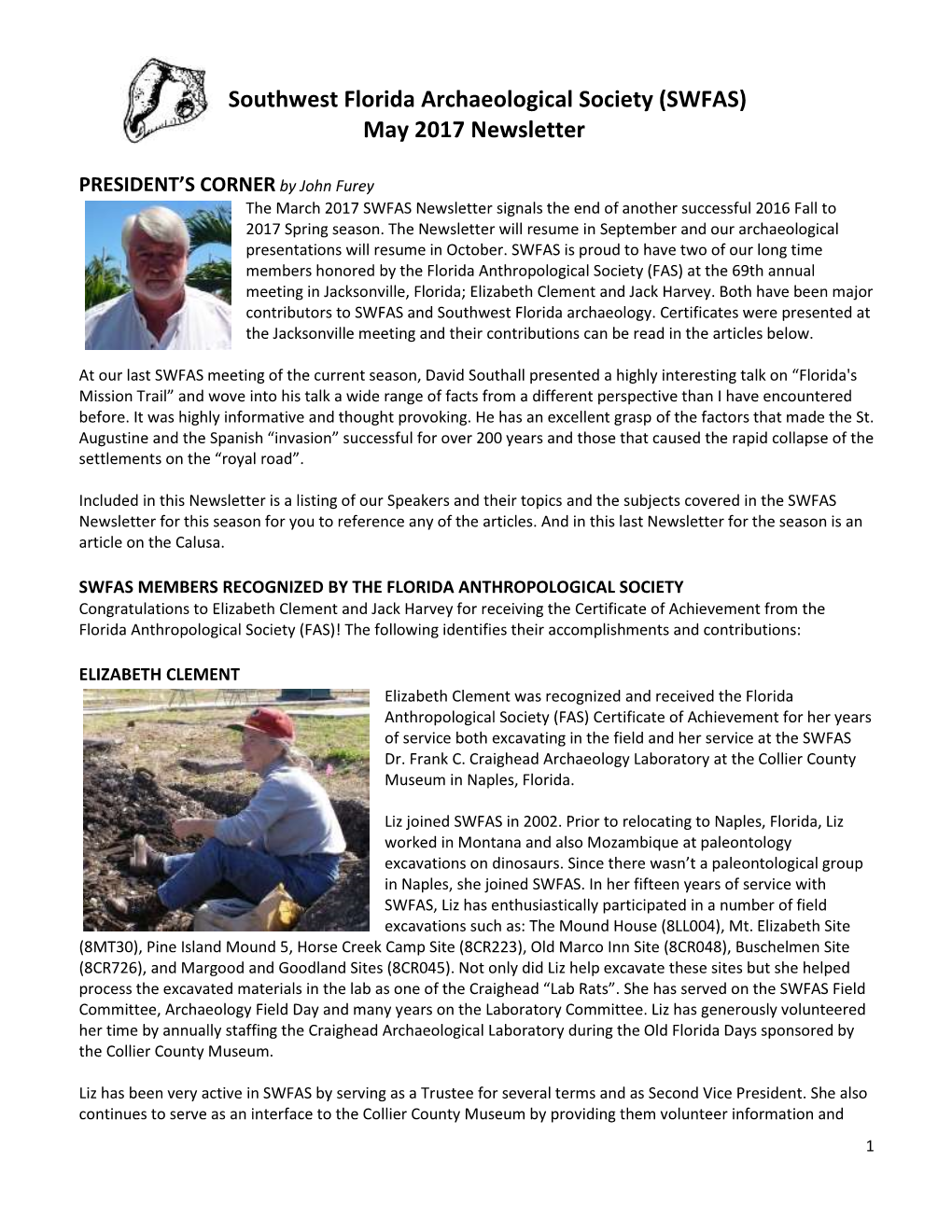 Southwest Florida Archaeological Society (SWFAS) May 2017 Newsletter