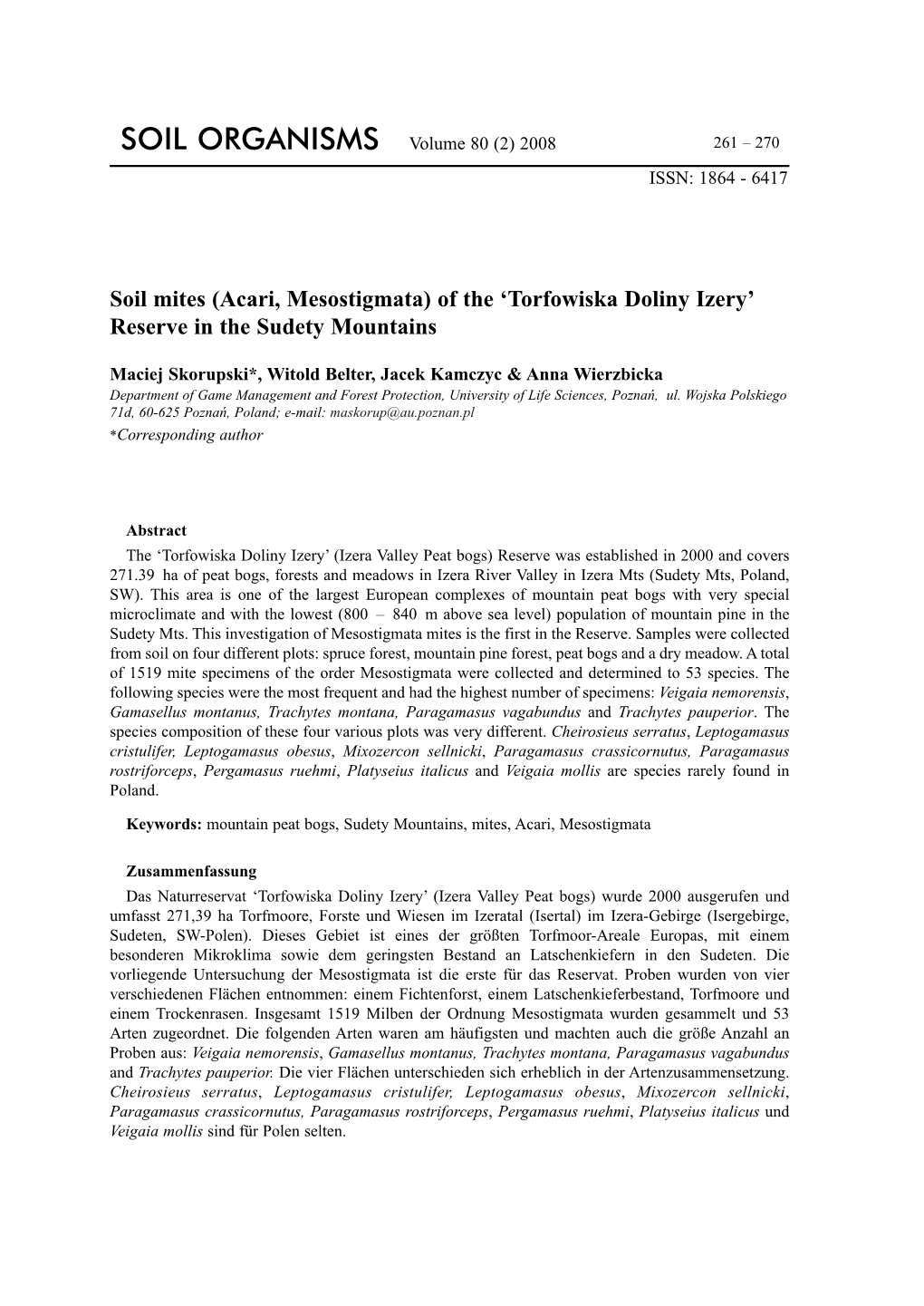 Soil Mites (Acari, Mesostigmata) of the 'Torfowiska Doliny Izery' Reserve In