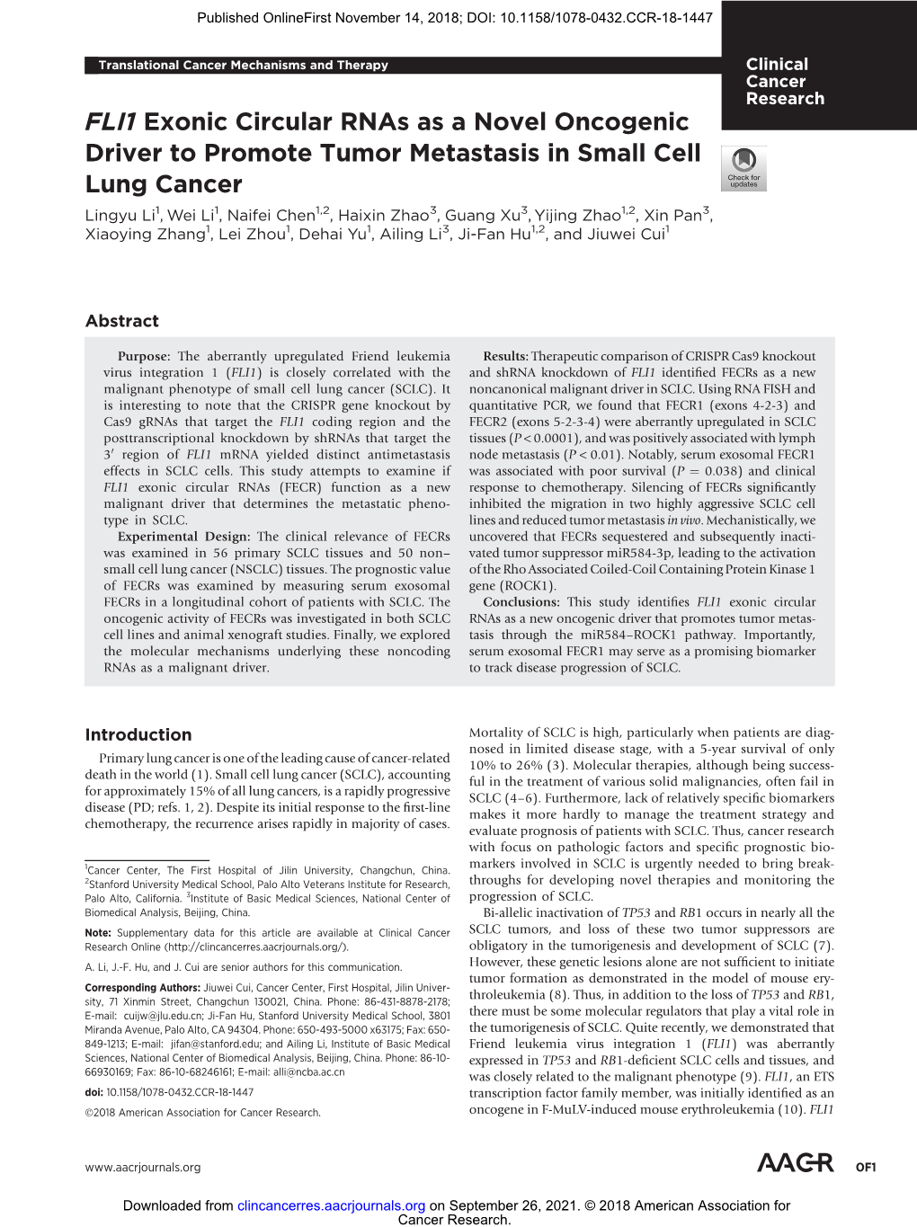 FLI1 Exonic Circular Rnas As a Novel Oncogenic Driver to Promote Tumor