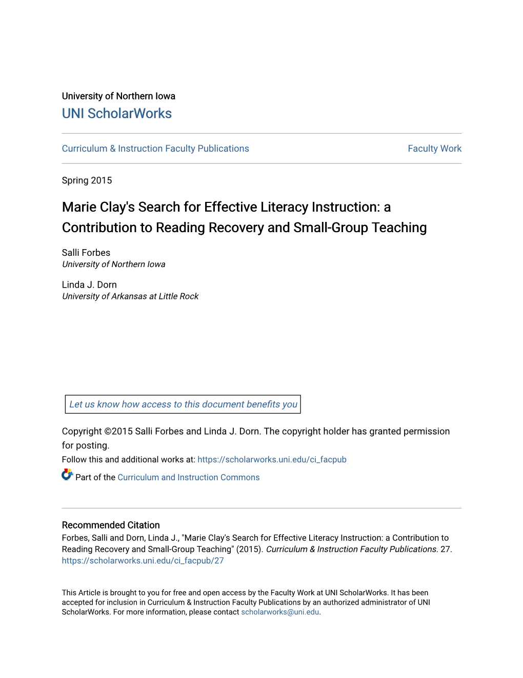 Marie Clay's Search for Effective Literacy Instruction: a Contribution to Reading Recovery and Small-Group Teaching
