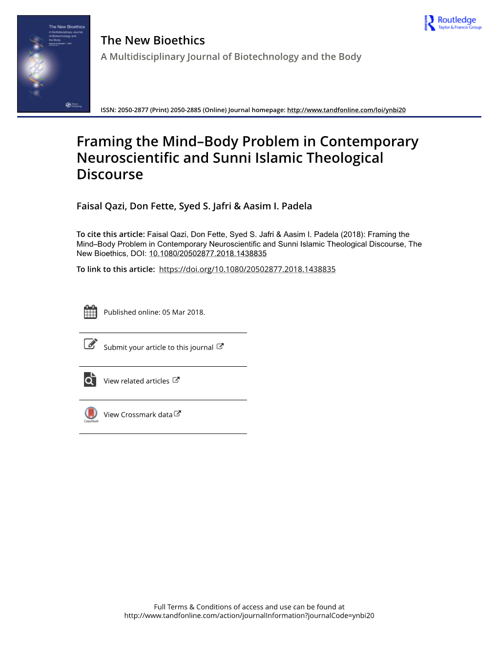 Framing the Mind–Body Problem in Contemporary Neuroscientific and Sunni Islamic Theological Discourse