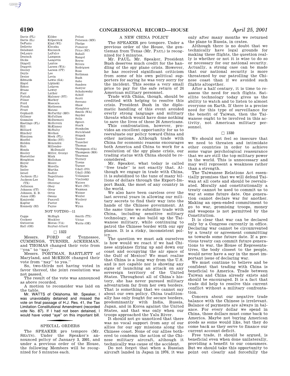 CONGRESSIONAL RECORD—HOUSE April 25, 2001