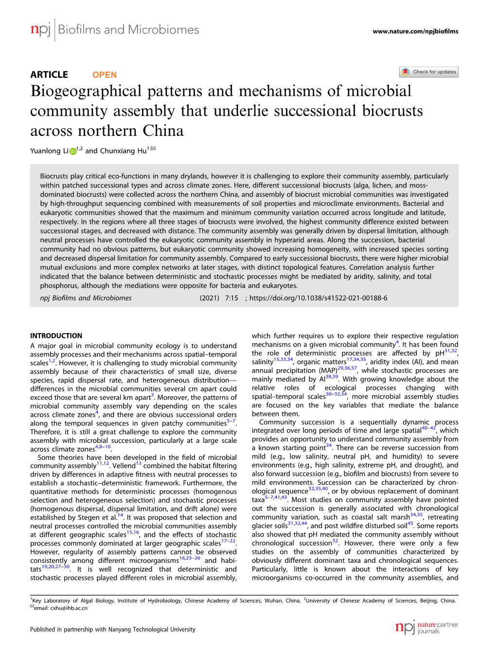 Biogeographical Patterns and Mechanisms of Microbial Community Assembly That Underlie Successional Biocrusts Across Northern China ✉ Yuanlong Li 1,2 and Chunxiang Hu1