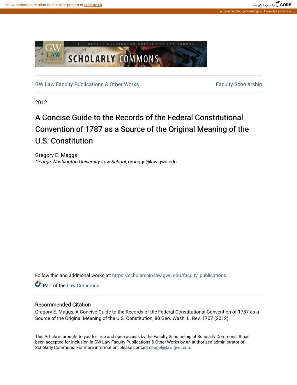 A Concise Guide to the Records of the Federal Constitutional Convention of 1787 As a Source of the Original Meaning of the U.S. Constitution