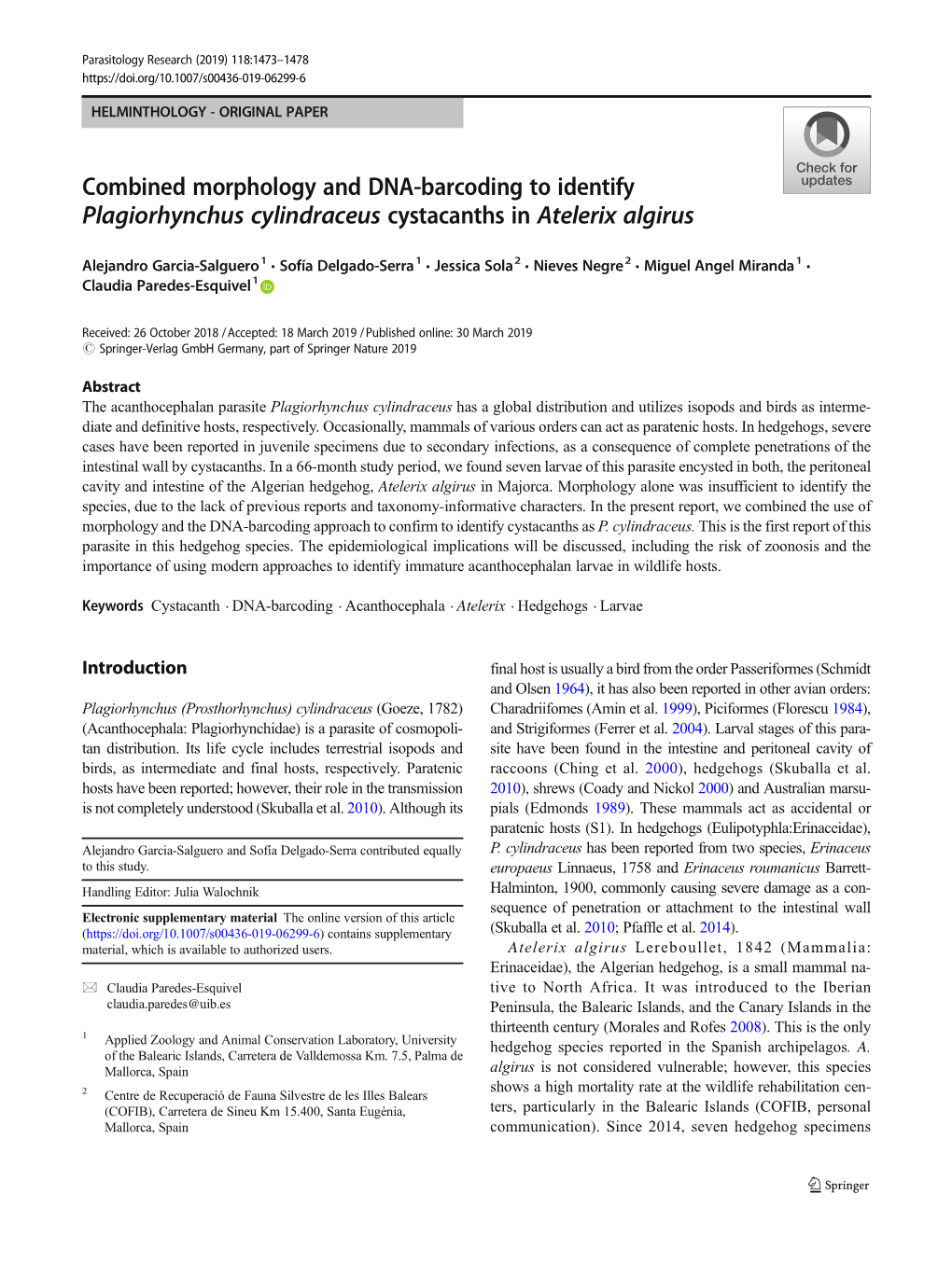 Combined Morphology and DNA-Barcoding to Identify Plagiorhynchus Cylindraceus Cystacanths in Atelerix Algirus