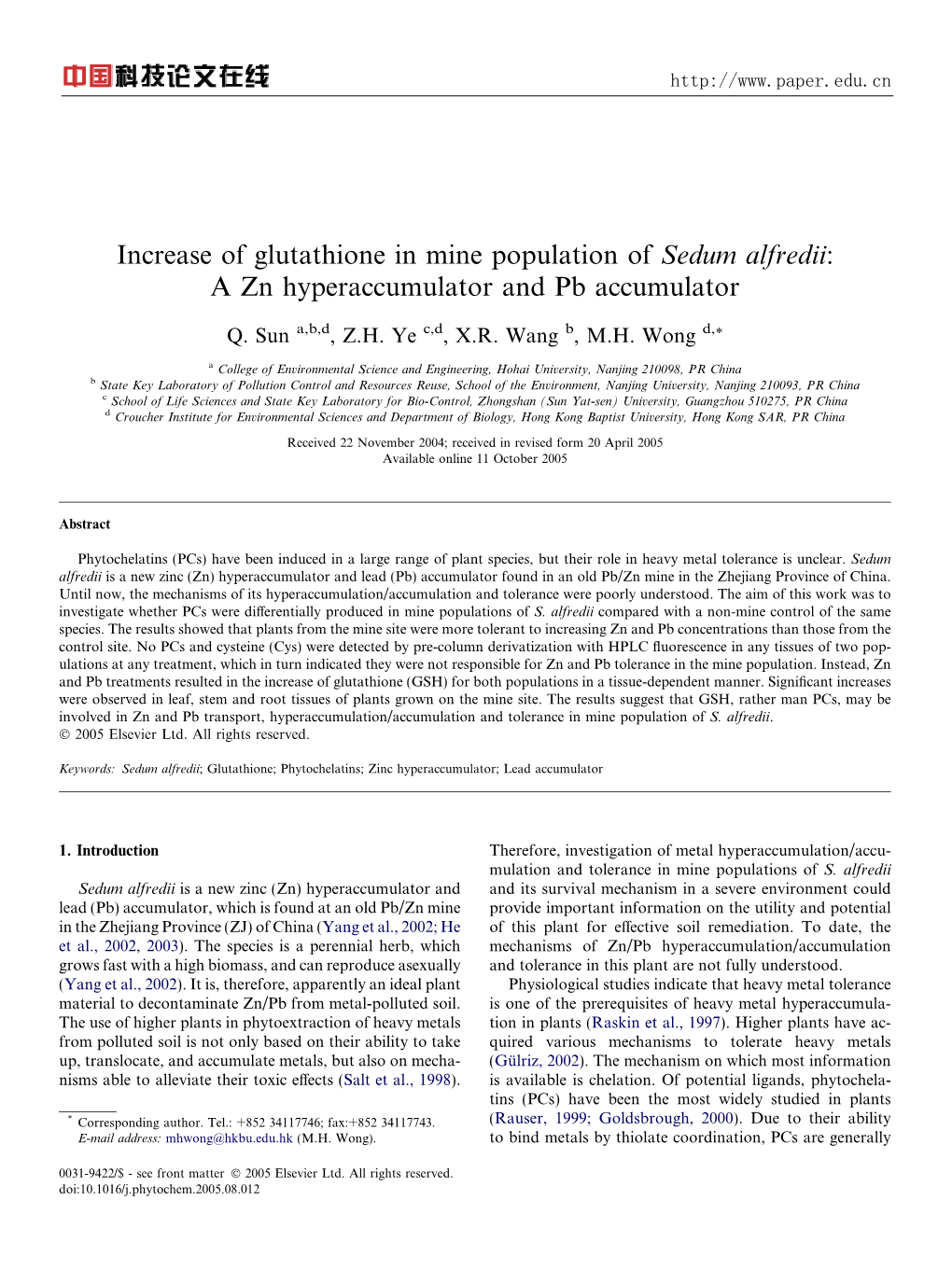 Increase of Glutathione in Mine Population of Sedum Alfredii: a Zn Hyperaccumulator and Pb Accumulator