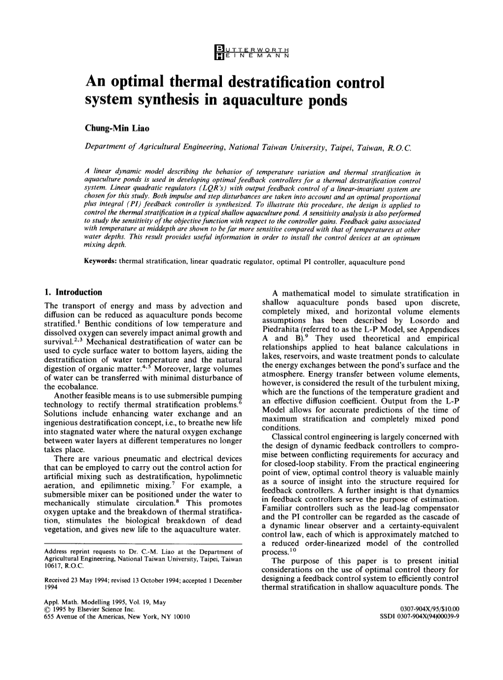 An Optimal Thermal Destratification Control System Synthesis in Aquaculture Ponds