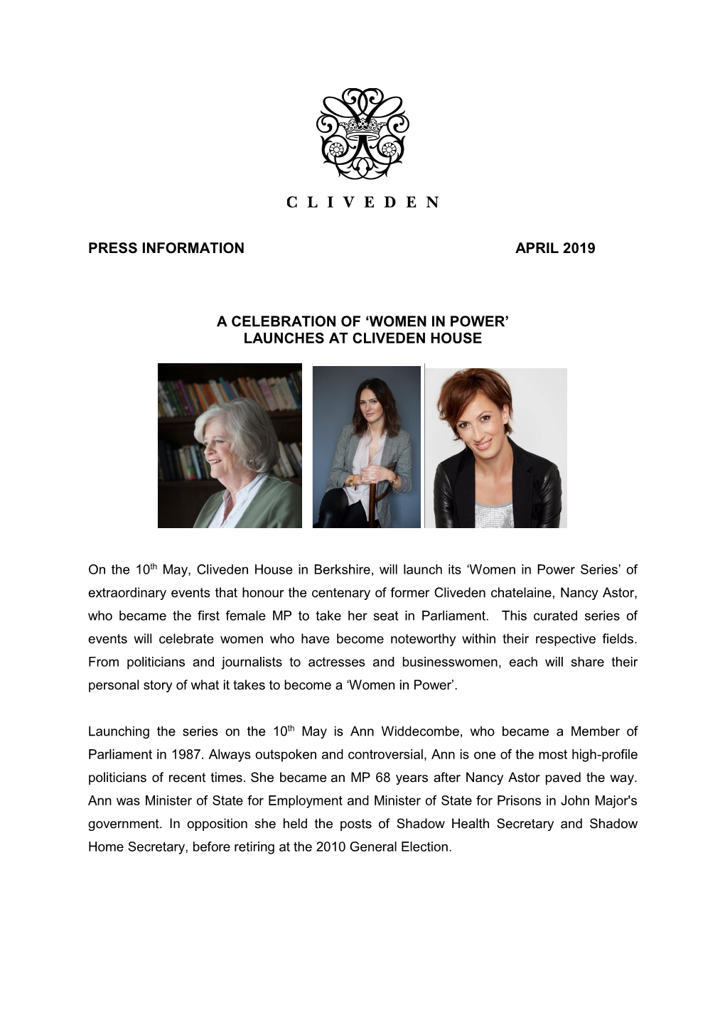 Press Information April 2019 a Celebration of 'Women in Power' Launches at Cliveden House