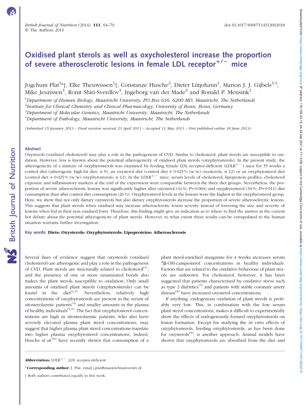 British Journal of Nutrition (2014), 111, 64–70 Doi:10.1017/S0007114513002018 Q the Authors 2013