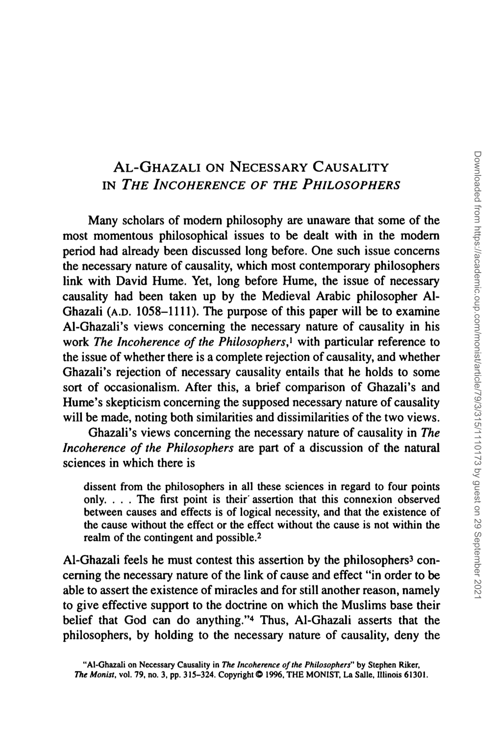 AL-GHAZALI on NECESSARY CAUSALITY in the INCOHERENCE of the PHILOSOPHERS Many Scholars of Modern Philosophy Are Unaware That
