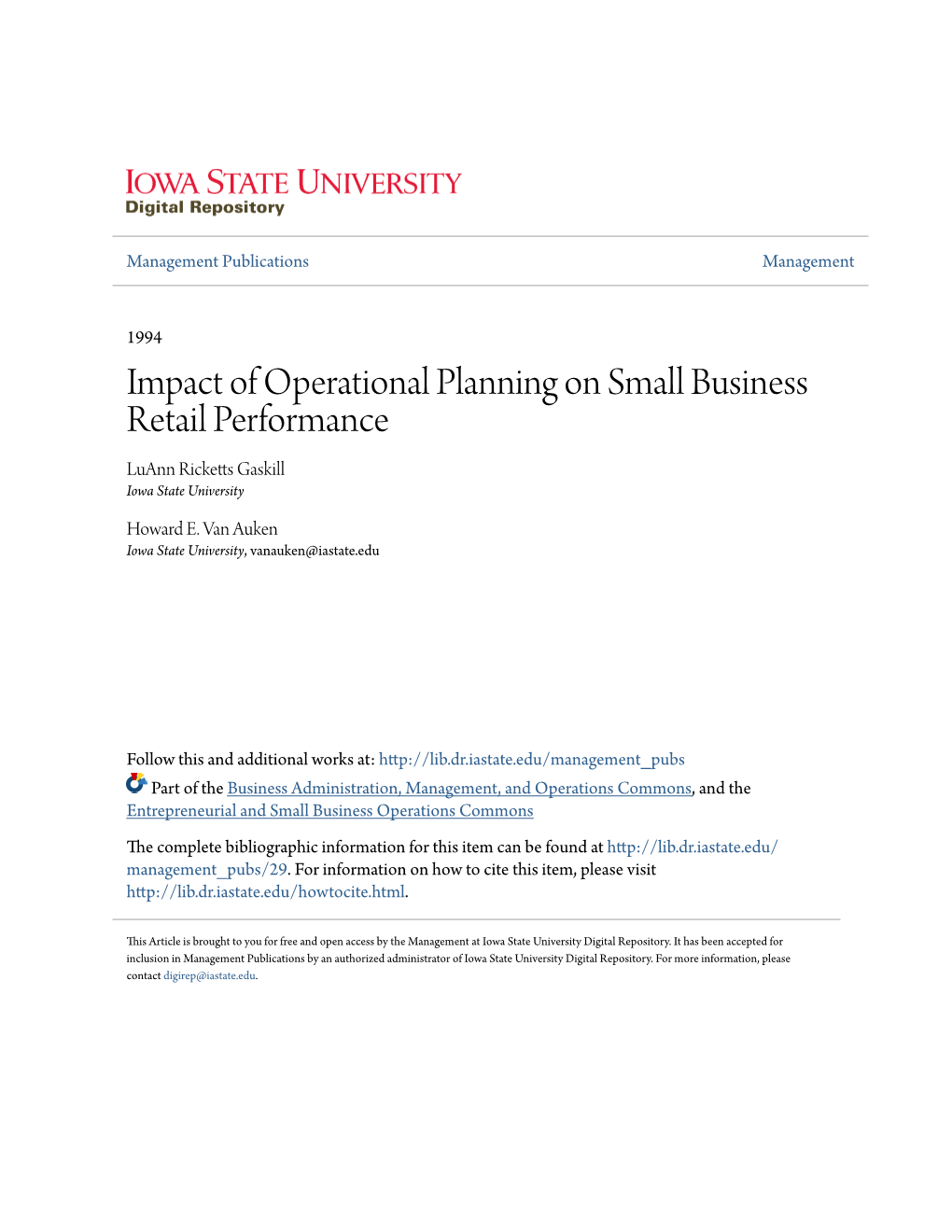 Impact of Operational Planning on Small Business Retail Performance Luann Ricketts Gaskill Iowa State University