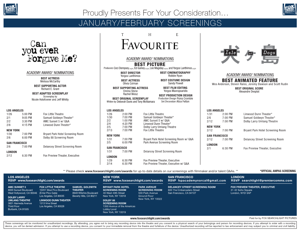 January/February Screenings