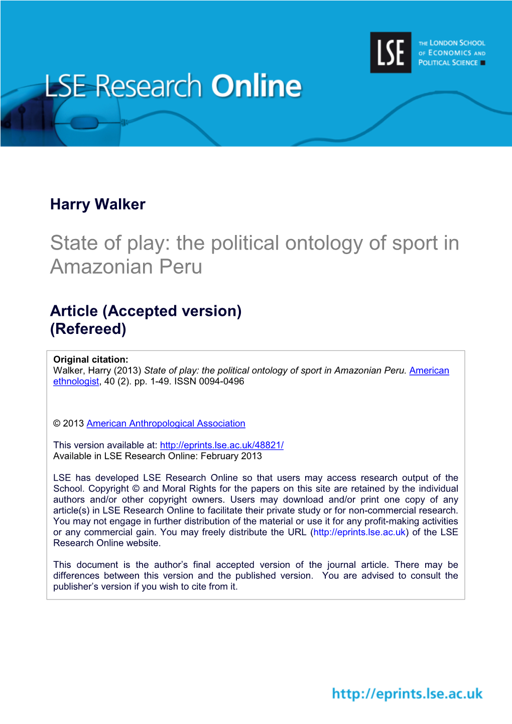 State of Play: the Political Ontology of Sport in Amazonian Peru