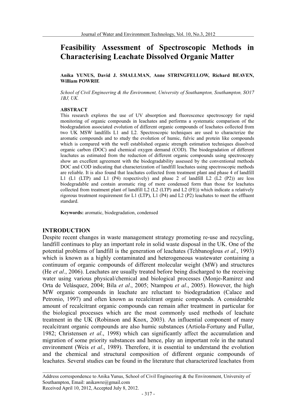 Feasibility Assessment of Spectroscopic Methods in Characterising Leachate Dissolved Organic Matter