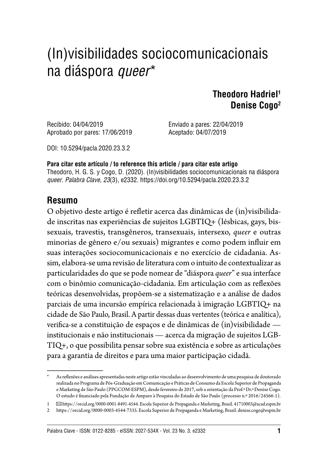 (In)Visibilidades Sociocomunicacionais Na Diáspora Queer*