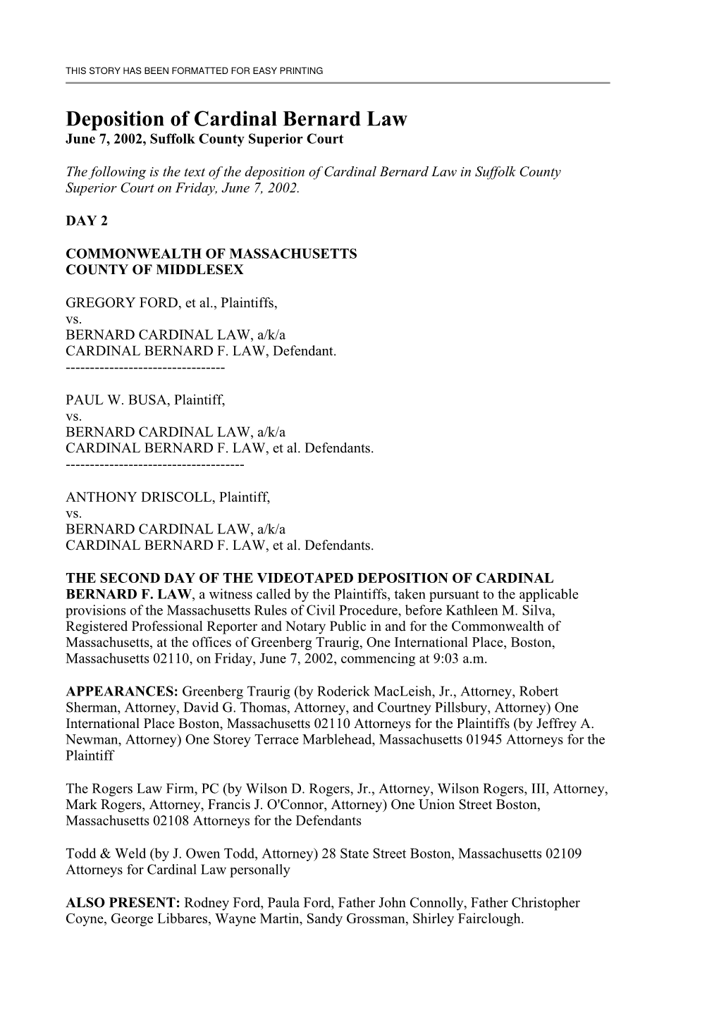 Deposition of Cardinal Bernard Law June 7, 2002, Suffolk County Superior Court