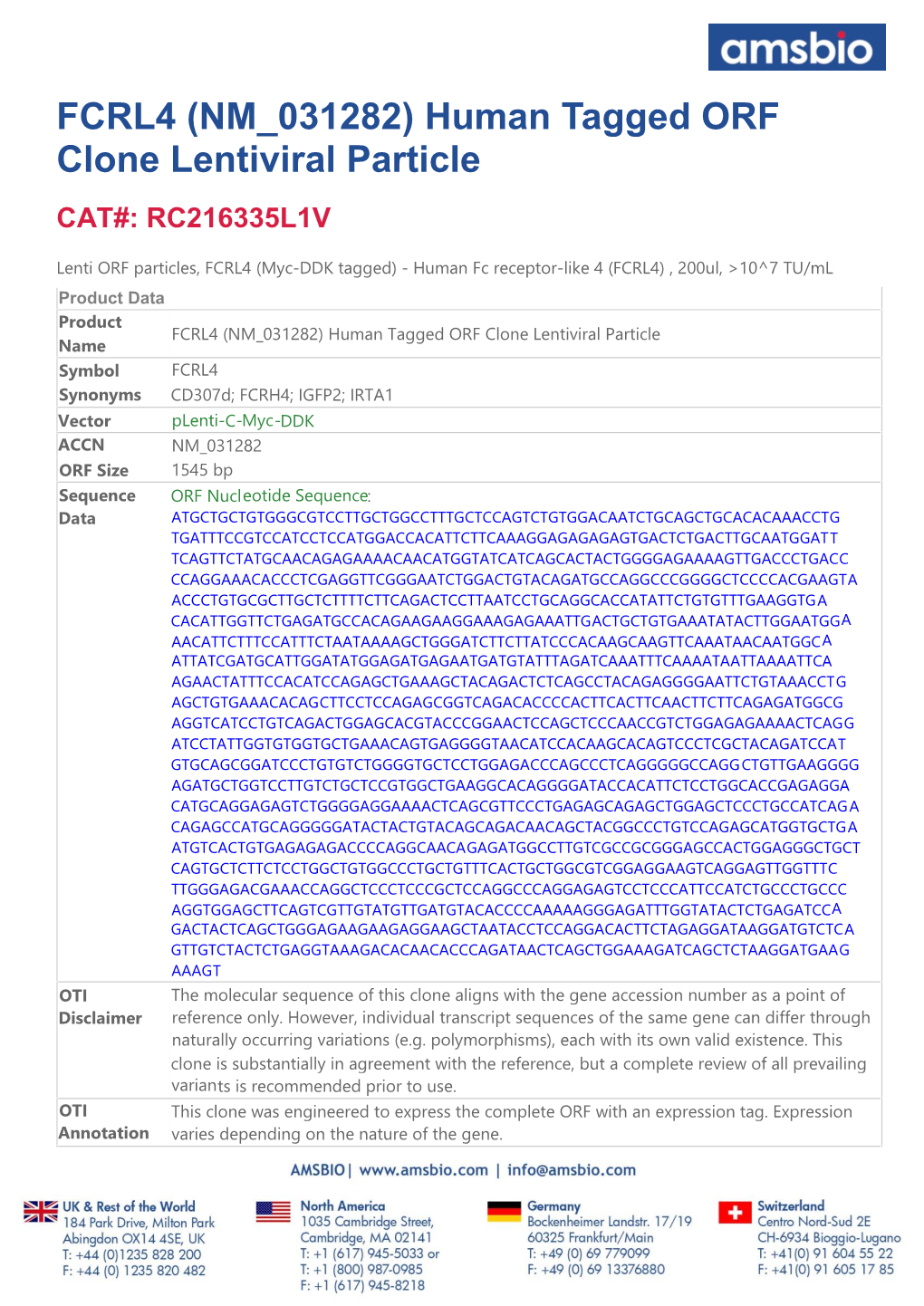 FCRL4 (NM 031282) Human Tagged ORF Clone Lentiviral Particle CAT#: RC216335L1V