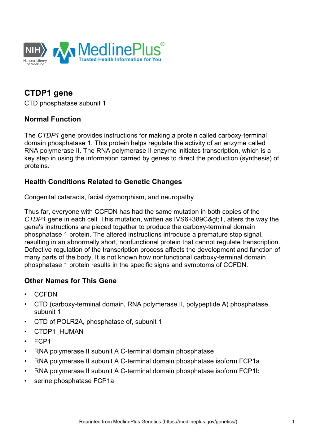 CTDP1 Gene CTD Phosphatase Subunit 1
