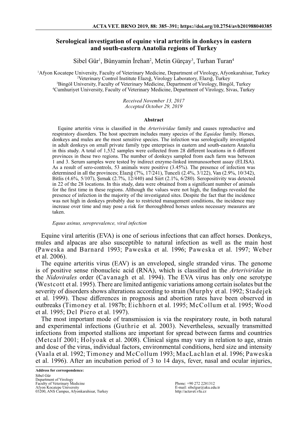 Serological Investigation of Equine Viral Arteritis in Donkeys in Eastern