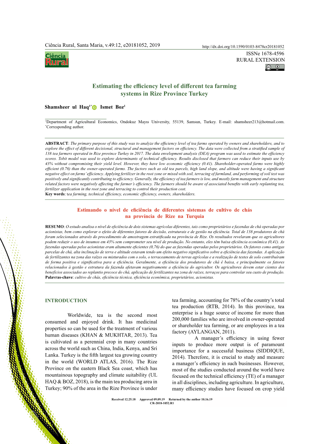 Estimating the Efficiency Level of Different Tea Farming Systems in Rize Province Turkey