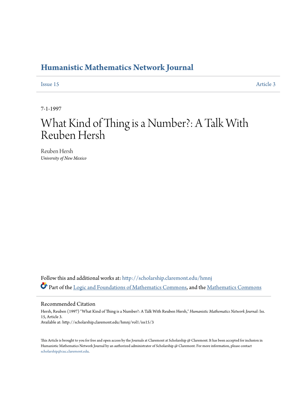 A Talk with Reuben Hersh Reuben Hersh University of New Mexico