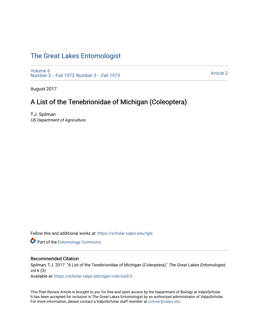 A List of the Tenebrionidae of Michigan (Coleoptera)