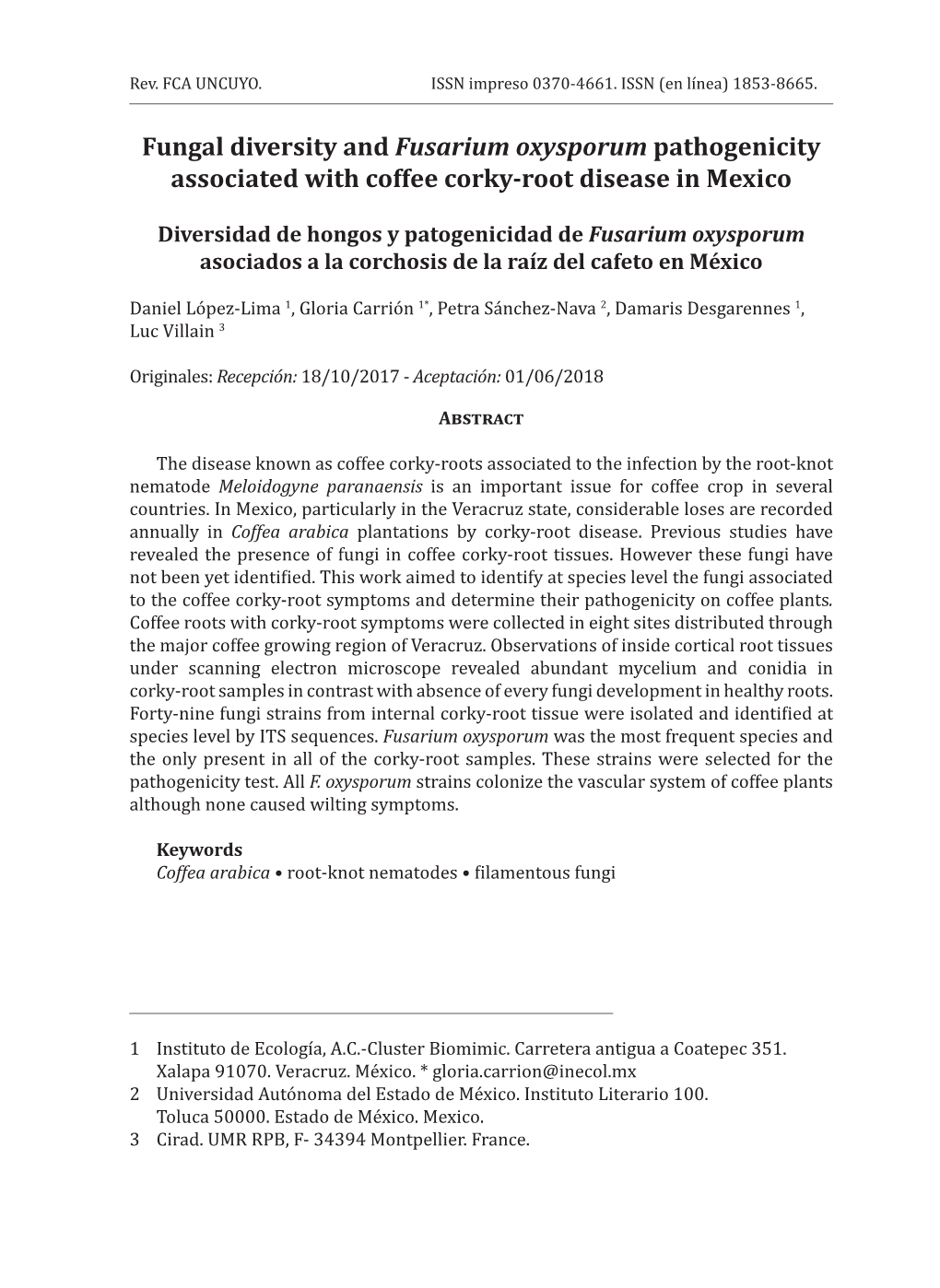 Fungal Diversity and Fusarium Oxysporum Pathogenicity Associated with Coffee Corky-Root Disease in Mexico