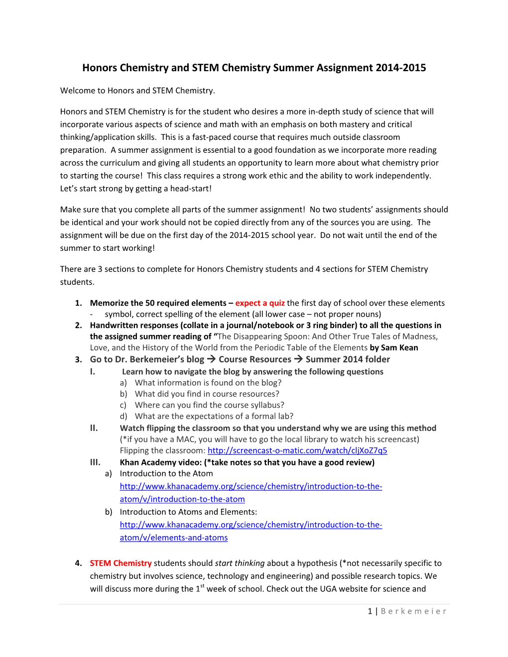 Honors Chemistry and STEM Chemistry Summer Assignment 2014-2015