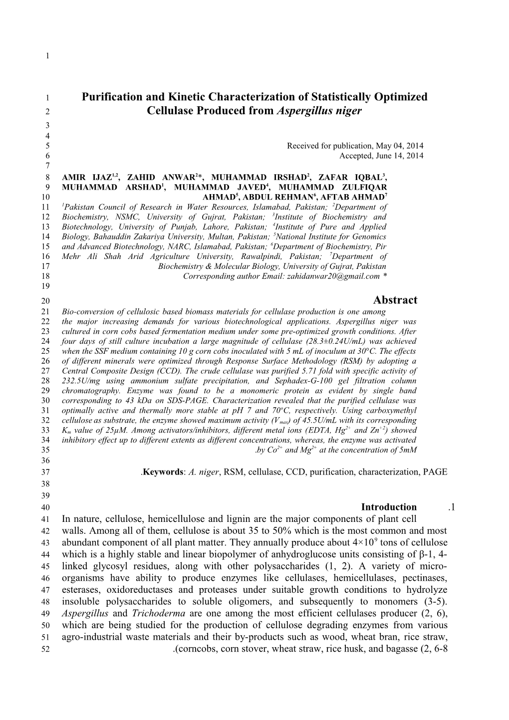 Purification and Kinetic Characterization of Statistically Optimized Cellulase Produced