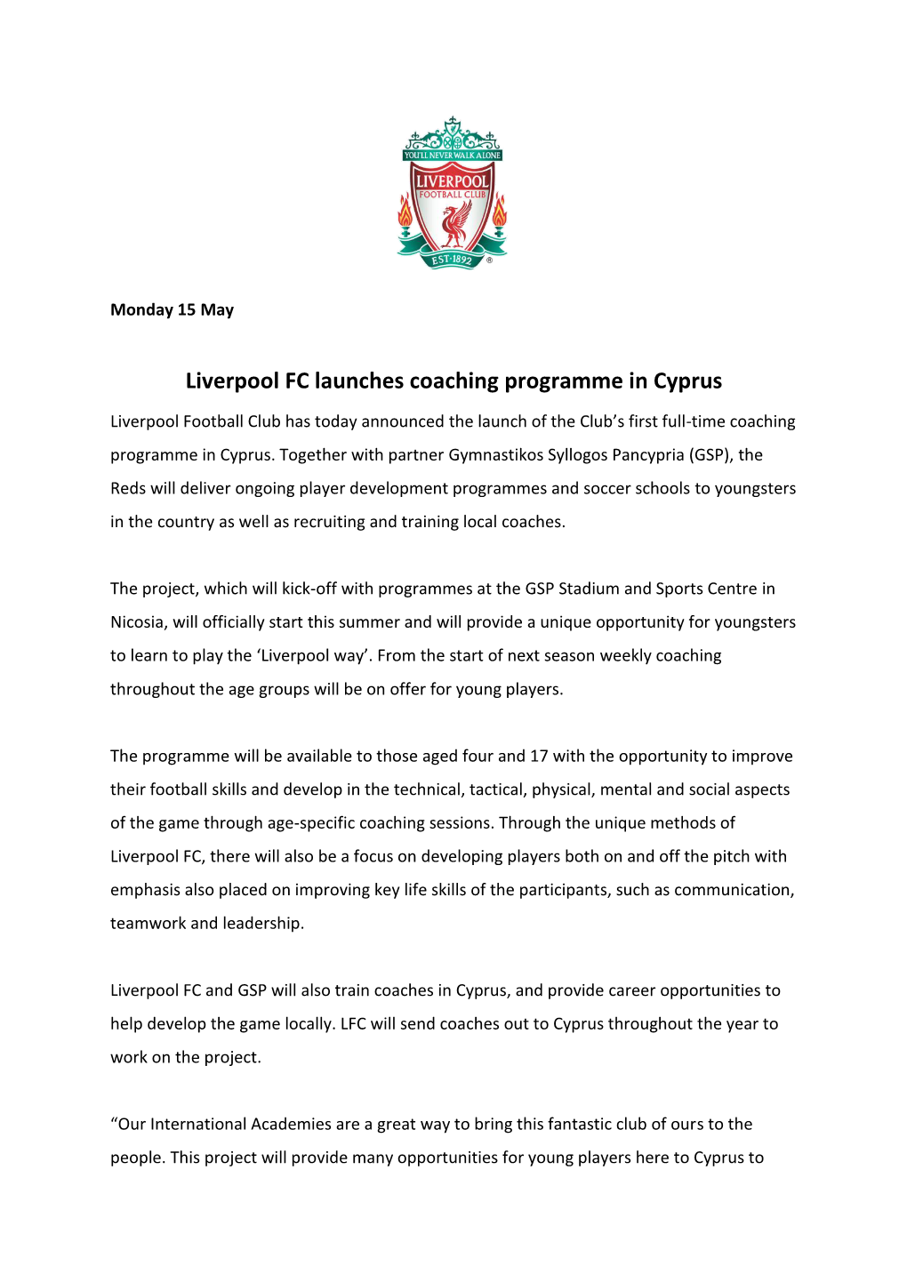Liverpool FC Launches Coaching Programme in Cyprus