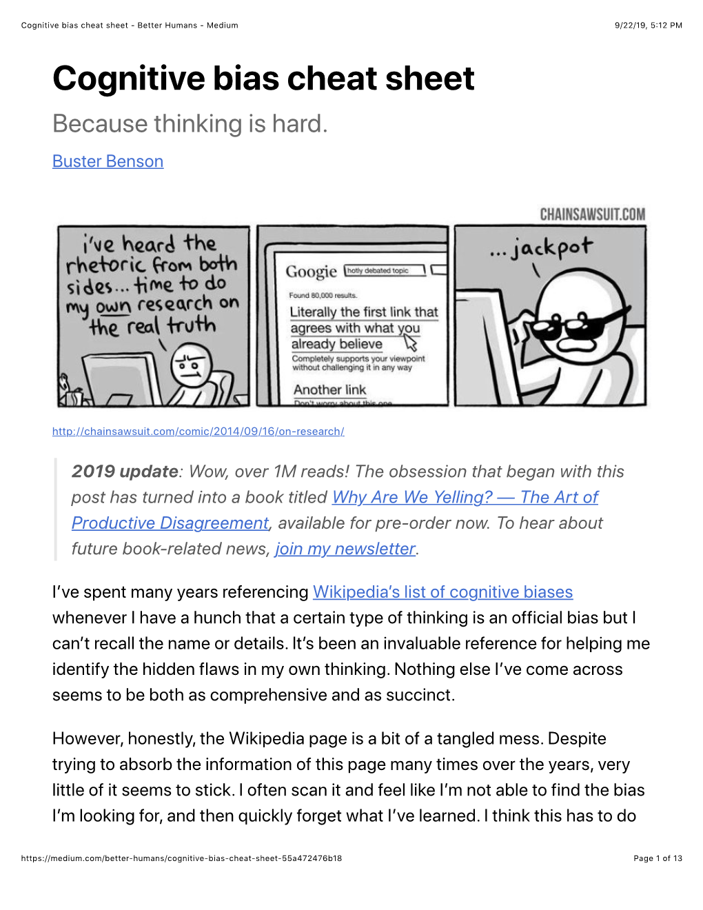 Cognitive Bias Cheat Sheet - Better Humans - Medium 9/22/19, 5�12 PM Cognitive Bias Cheat Sheet Because Thinking Is Hard