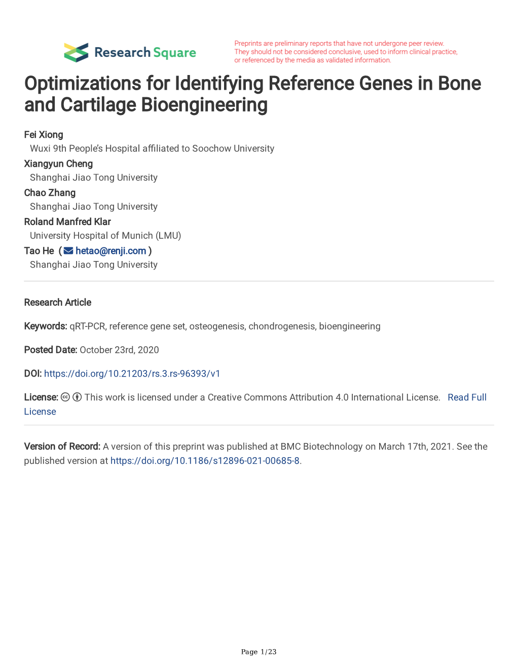 Optimizations for Identifying Reference Genes in Bone and Cartilage Bioengineering