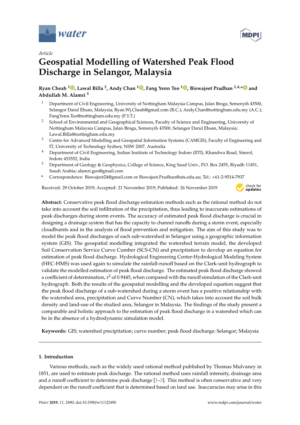 Geospatial Modelling of Watershed Peak Flood Discharge in Selangor, Malaysia